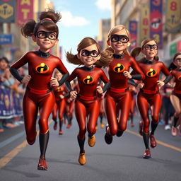 An exciting scene featuring several girls in Elastigirl-inspired brown costumes, similar to those from Incredibles 3, energetically running in a marathon