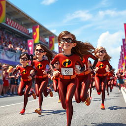 An exciting scene featuring several girls in Elastigirl-inspired brown costumes, similar to those from Incredibles 3, energetically running in a marathon