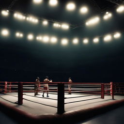 An expansive view of a dimly lit boxing arena, the vastness of the space and the darkened crowd enhancing the solitary focus on the luminescent boxing ring at the center