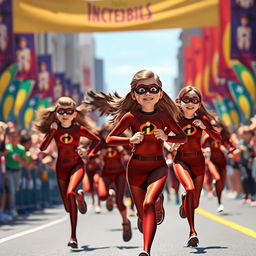 An exciting scene featuring several girls in Elastigirl-inspired brown costumes, similar to those from Incredibles 3, energetically running in a marathon
