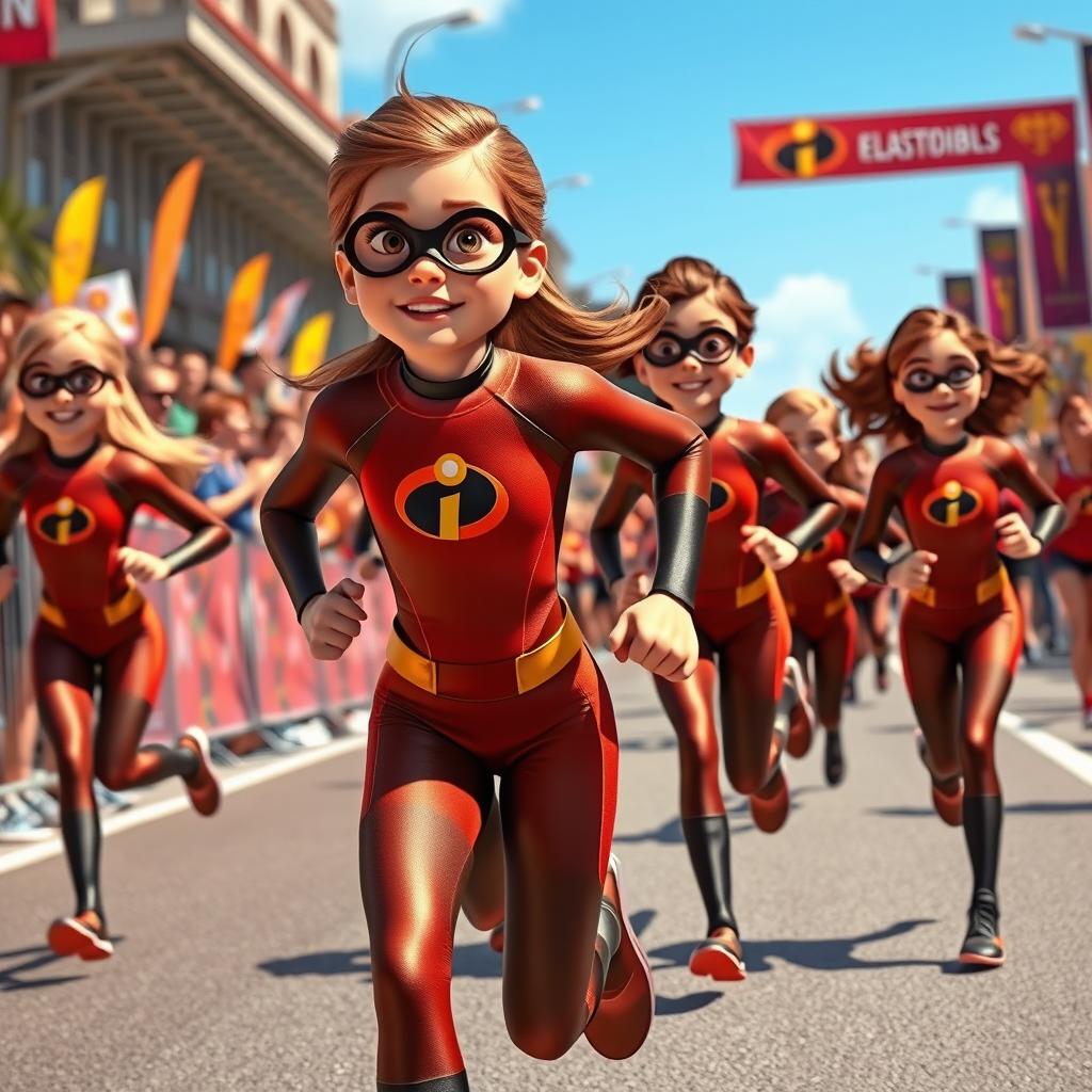 An exciting scene featuring several girls in Elastigirl-inspired brown costumes, similar to those from Incredibles 3, energetically running in a marathon