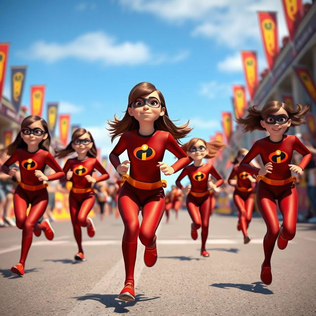 An exciting scene featuring multiple girls dressed in Elastigirl-inspired brown costumes from Incredibles 3, energetically running in a marathon