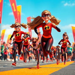 An exciting scene featuring multiple girls dressed in Elastigirl-inspired brown costumes from Incredibles 3, energetically running in a marathon