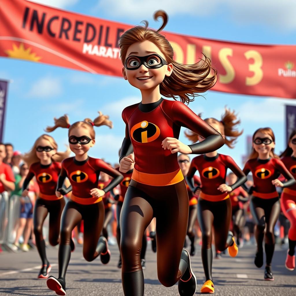 An exciting scene featuring multiple girls dressed in Elastigirl-inspired brown costumes from Incredibles 3, energetically running in a marathon