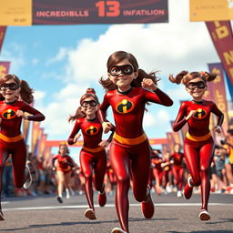 An exciting scene featuring multiple girls dressed in Elastigirl-inspired brown costumes from Incredibles 3, energetically running in a marathon