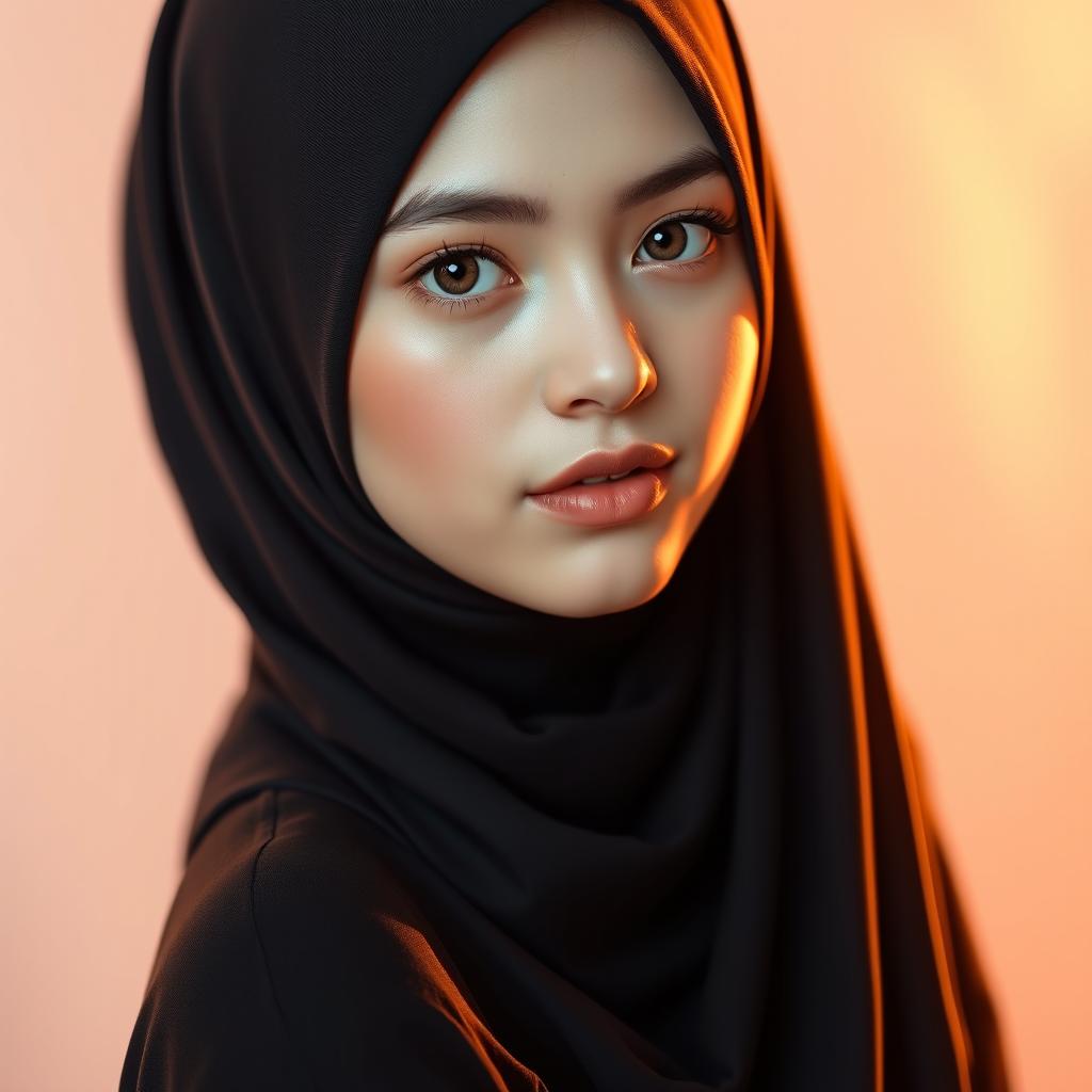 A sexy and cute Hijabi young woman with an innocent face, featuring fair white skin