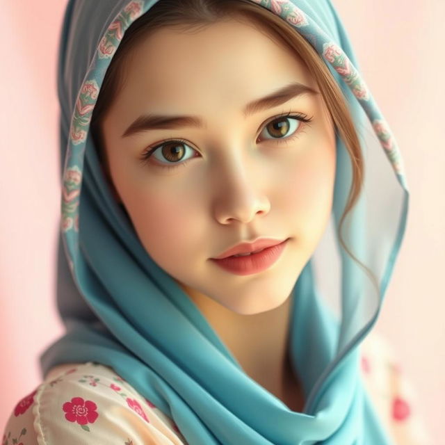 A sexy and cute Hijabi young woman with an innocent face, featuring fair white skin