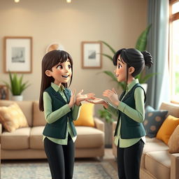 A cozy living room scene depicted in 3D animation, featuring two girls engaged in a lively conversation