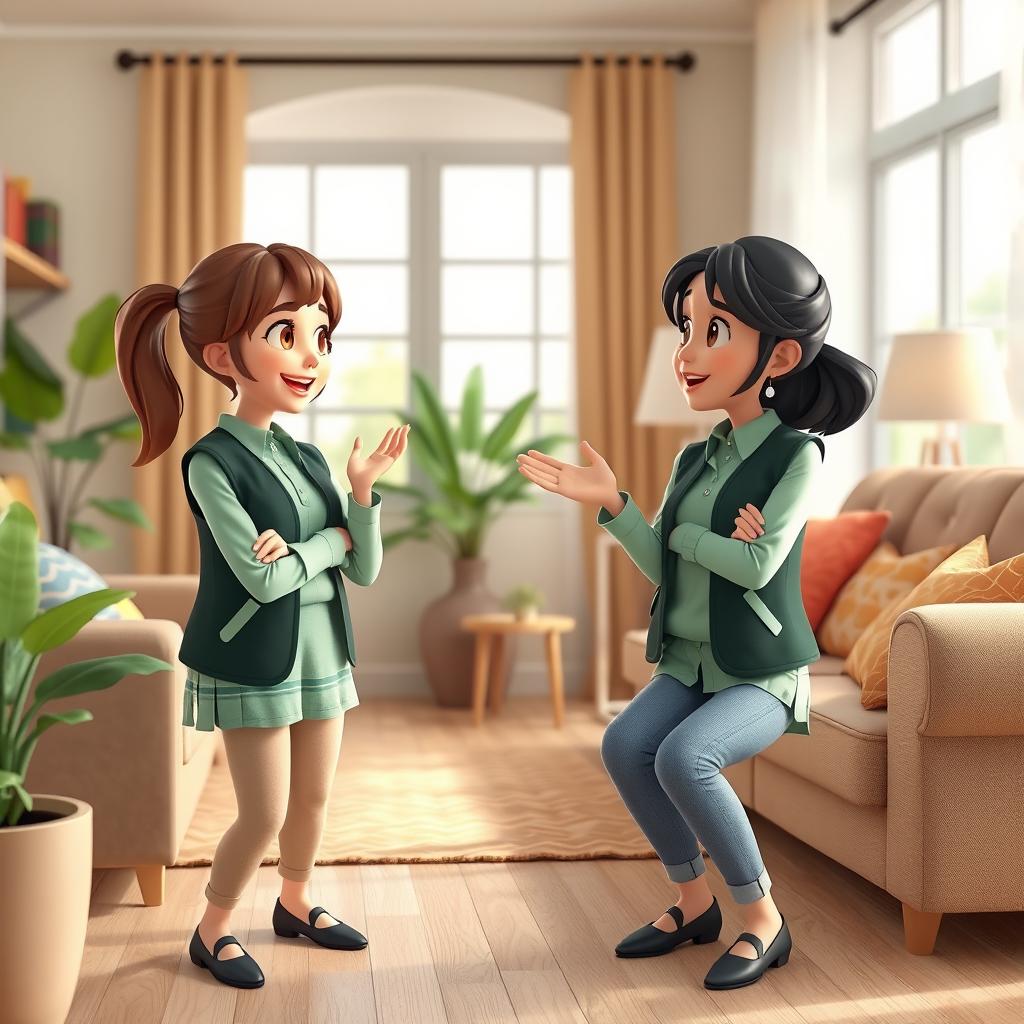 A cozy living room scene depicted in 3D animation, featuring two girls engaged in a lively conversation