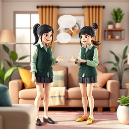 A cozy living room scene depicted in 3D animation, featuring two girls engaged in a lively conversation