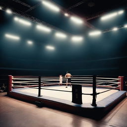 An expansive view of a dimly lit boxing arena, the vastness of the space and the darkened crowd enhancing the solitary focus on the luminescent boxing ring at the center