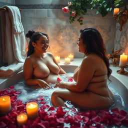A serene and inviting scene featuring voluptuous women in a luxurious bath setting, surrounded by soft candlelight and fragrant rose petals