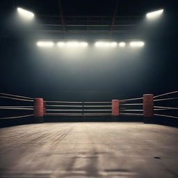 An expansive view of a dimly lit boxing arena, the vastness of the space and the darkened crowd enhancing the solitary focus on the luminescent boxing ring at the center