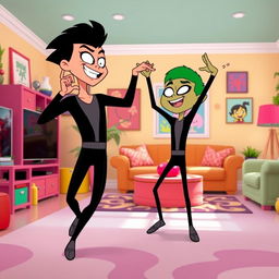 A dynamic and fun scene featuring two characters inspired by Beast Boy from Teen Titans Go, wearing sleek black long-sleeved leotards