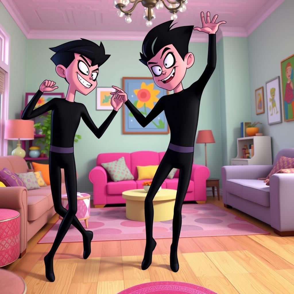 A dynamic and fun scene featuring two characters inspired by Beast Boy from Teen Titans Go, wearing sleek black long-sleeved leotards