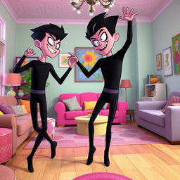 A dynamic and fun scene featuring two characters inspired by Beast Boy from Teen Titans Go, wearing sleek black long-sleeved leotards