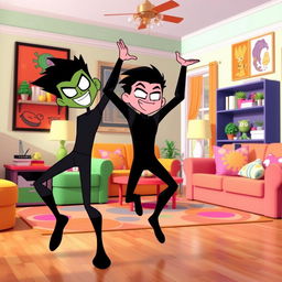 A dynamic and fun scene featuring two characters inspired by Beast Boy from Teen Titans Go, wearing sleek black long-sleeved leotards