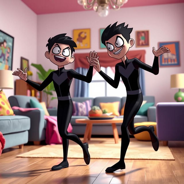 A dynamic and fun scene featuring two characters inspired by Beast Boy from Teen Titans Go, wearing sleek black long-sleeved leotards