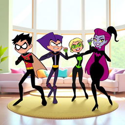Robin, Beast Boy, Raven, and Starfire from Teen Titans Go are in a bright and colorful living room, wearing tight black long-sleeved leotards