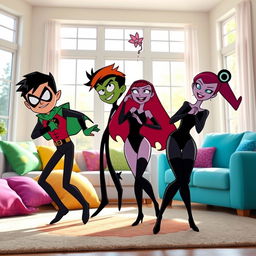 Robin, Beast Boy, Raven, and Starfire from Teen Titans Go are in a bright and colorful living room, wearing tight black long-sleeved leotards