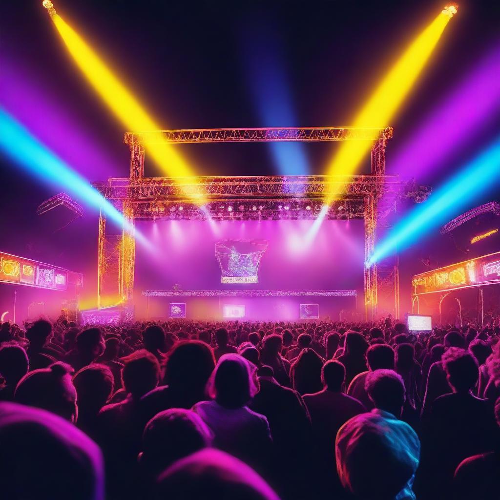 A vibrant music stage bathed in neon lights, set against the backdrop of a night sky, with an exuberant crowd of spectators cheering and enjoying the electrifying atmosphere