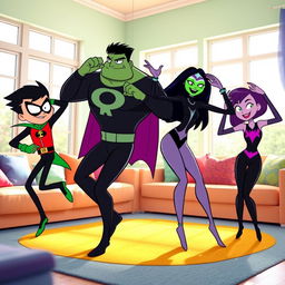 Robin, Beast Boy, Raven, and Starfire from Teen Titans Go are in a bright and colorful living room, wearing tight black long-sleeved leotards