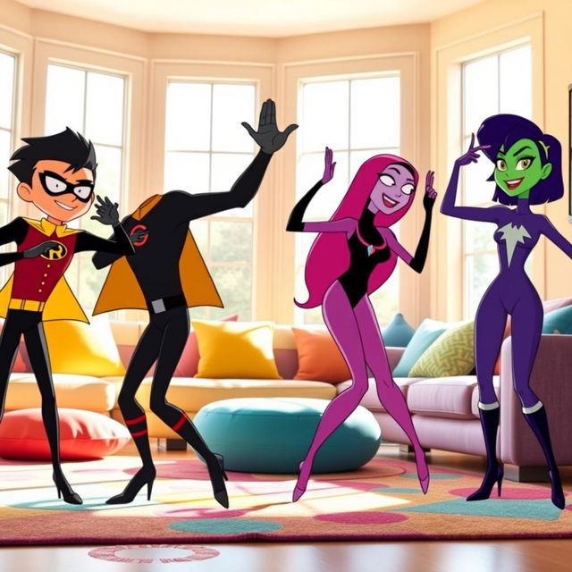 Robin, Beast Boy, Raven, and Starfire from Teen Titans Go are in a bright and colorful living room, wearing tight black long-sleeved leotards