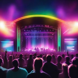 A vibrant music stage bathed in neon lights, set against the backdrop of a night sky, with an exuberant crowd of spectators cheering and enjoying the electrifying atmosphere