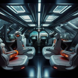 interior of rear cabin of futuristic jet fighter with interceptor devices, having two seats and seen through transparent divider to front cabin