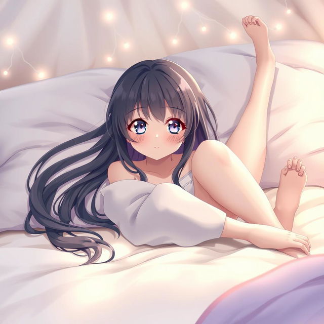 An anime girl lying on a soft, plush bed, her long flowing hair draping around her