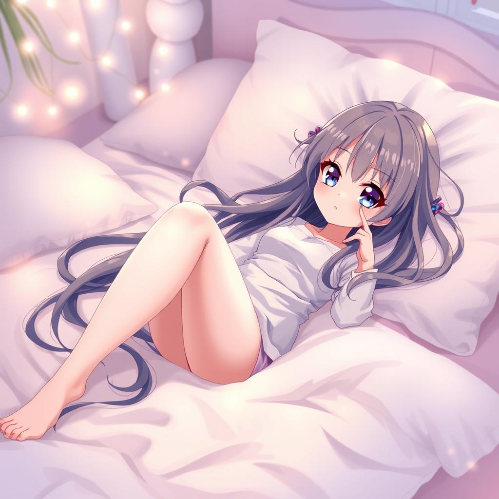 An anime girl lying on a soft, plush bed, her long flowing hair draping around her