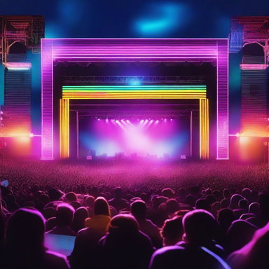 A vibrant music stage bathed in neon lights, set against the backdrop of a night sky, with an exuberant crowd of spectators cheering and enjoying the electrifying atmosphere