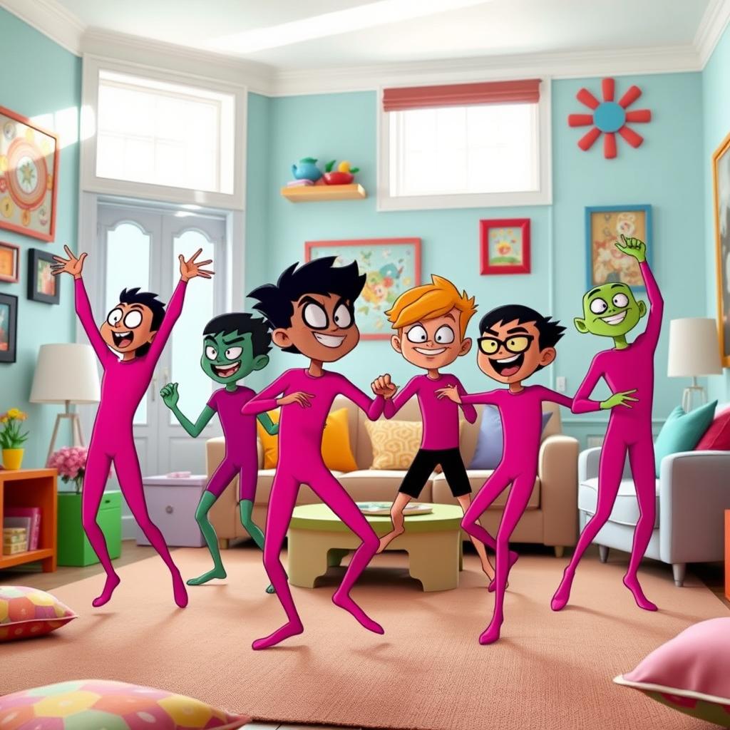 A group of Beast Boys from Teen Titans Go, all wearing bright pink long-sleeved leotards, are joyfully dancing together in a vibrant living room