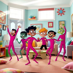 A group of Beast Boys from Teen Titans Go, all wearing bright pink long-sleeved leotards, are joyfully dancing together in a vibrant living room