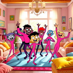 A group of Beast Boys from Teen Titans Go, all wearing bright pink long-sleeved leotards, are joyfully dancing together in a vibrant living room