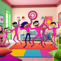 A group of Beast Boys from Teen Titans Go, all wearing bright pink long-sleeved leotards, are joyfully dancing together in a vibrant living room