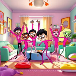 A group of Beast Boys from Teen Titans Go, all wearing bright pink long-sleeved leotards, are joyfully dancing together in a vibrant living room