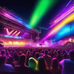 A vibrant music stage bathed in neon lights, set against the backdrop of a night sky, with an exuberant crowd of spectators cheering and enjoying the electrifying atmosphere