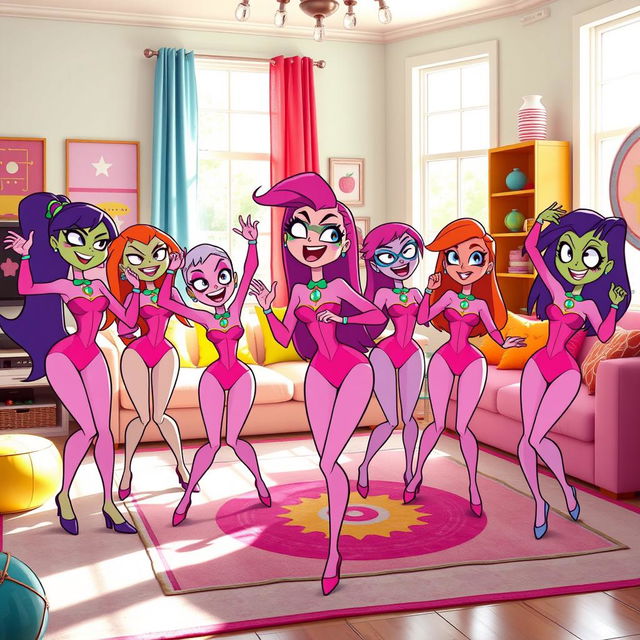 A group of Starfires from Teen Titans Go, all wearing bright pink long-sleeved leotards, are joyfully dancing together in a lively living room