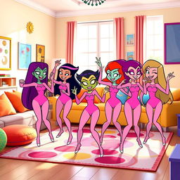 A group of Starfires from Teen Titans Go, all wearing bright pink long-sleeved leotards, are joyfully dancing together in a lively living room