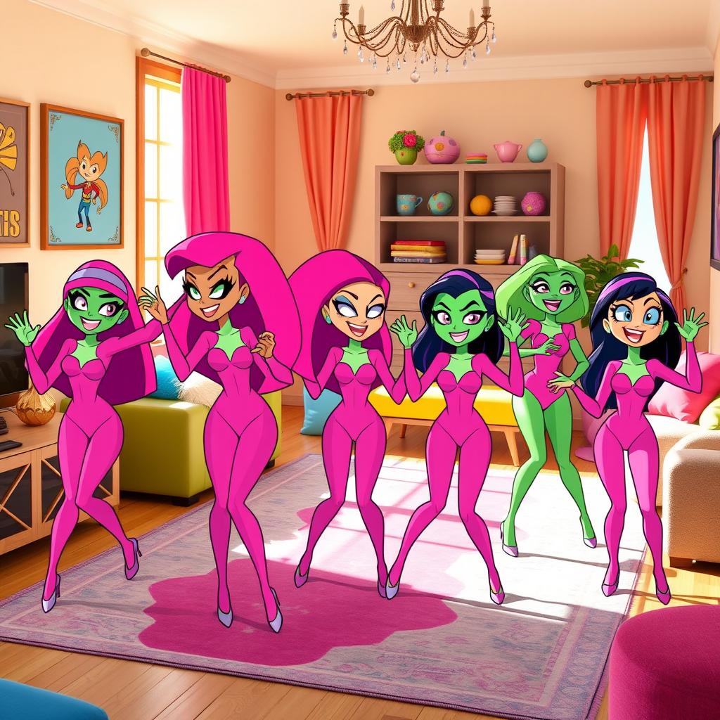 A group of Starfires from Teen Titans Go, all wearing bright pink long-sleeved leotards, are joyfully dancing together in a lively living room