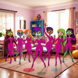 A group of Starfires from Teen Titans Go, all wearing bright pink long-sleeved leotards, are joyfully dancing together in a lively living room