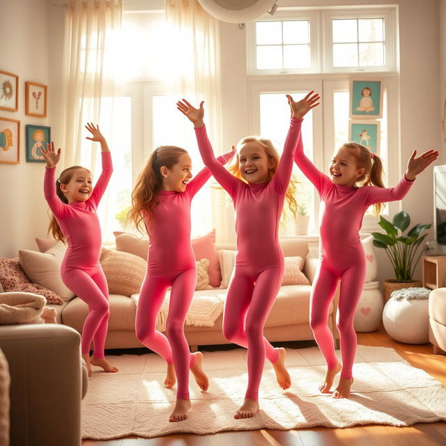 A warm and cheerful living room scene with a group of girls wearing bright pink long-sleeved leotards, joyfully dancing together