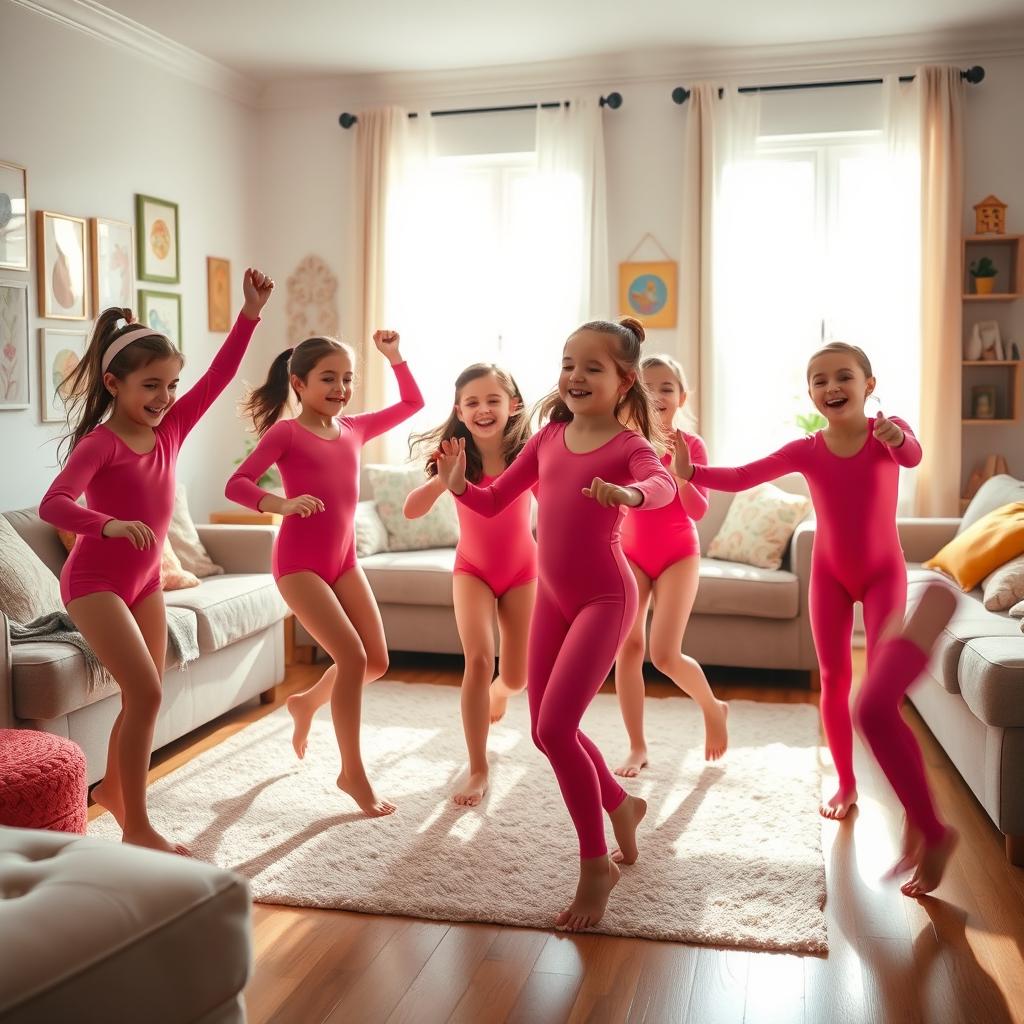A warm and cheerful living room scene with a group of girls wearing bright pink long-sleeved leotards, joyfully dancing together