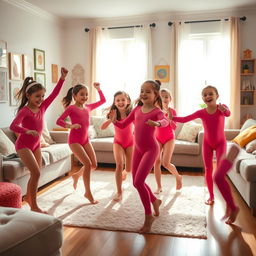 A warm and cheerful living room scene with a group of girls wearing bright pink long-sleeved leotards, joyfully dancing together