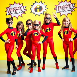 A vibrant scene featuring several girls dressed in colorful Elastigirl costumes inspired by Incredibles 2, showcasing their playful energy and excitement