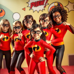 A vibrant scene featuring several girls dressed in colorful Elastigirl costumes inspired by Incredibles 2, showcasing their playful energy and excitement