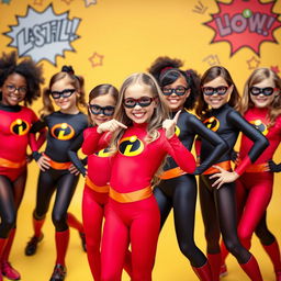 A vibrant scene featuring several girls dressed in colorful Elastigirl costumes inspired by Incredibles 2, showcasing their playful energy and excitement