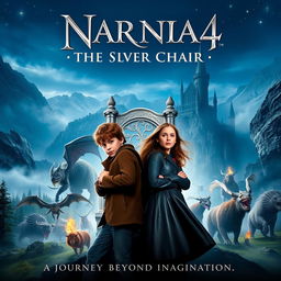 A captivating movie poster for 'NARNIA 4: The Silver Chair', showcasing the main characters embarking on a magical adventure