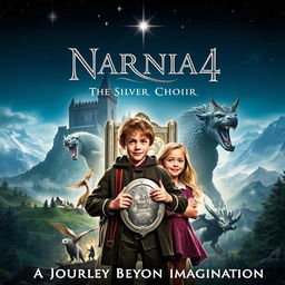 A captivating movie poster for 'NARNIA 4: The Silver Chair', showcasing the main characters embarking on a magical adventure